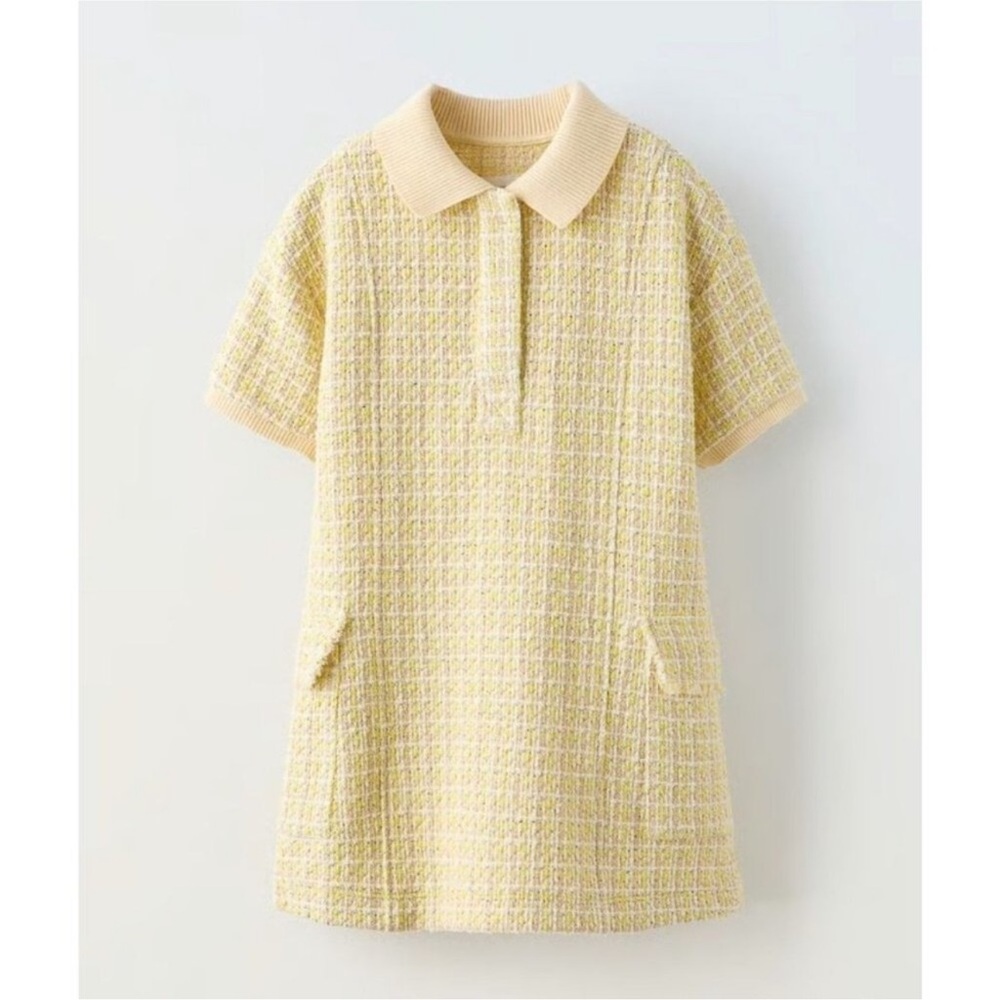 ZARA Tweed Mini Dress Girls Size 6 Yellow and Cream Short Sleeve Polo Collared